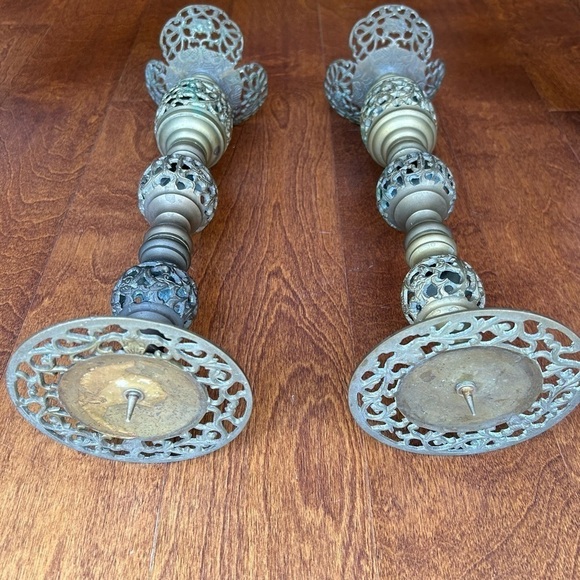 Vintage Oversized Moroccan Pierced Brass Candle Holders, Set of 2, Nice Patina - Picture 6 of 15